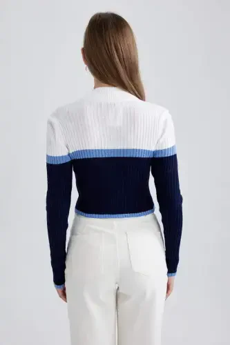 Coool Regular Fit Half Turtleneck Knit Cardigan-Navy Blue - 4