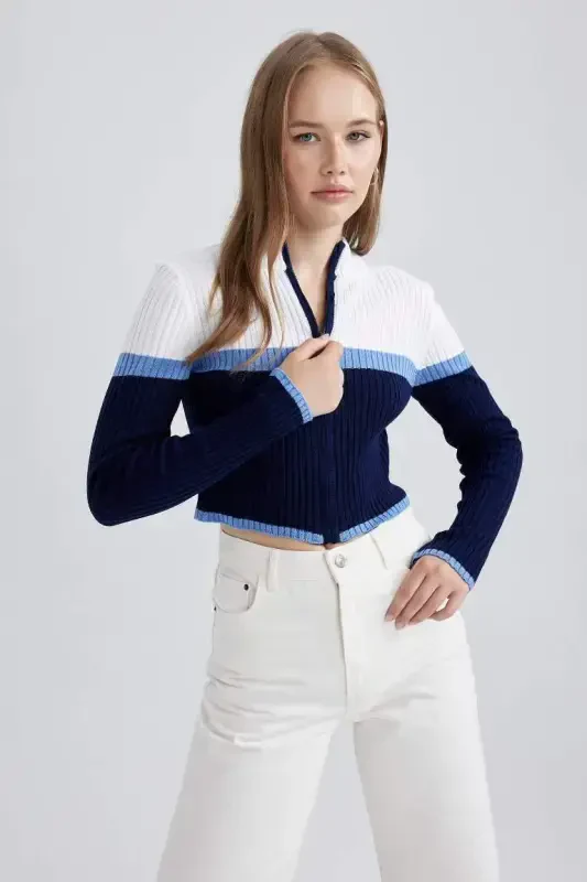 Coool Regular Fit Полушерстяной Кардиган с Воротником-стойкой-темно-синий - 1