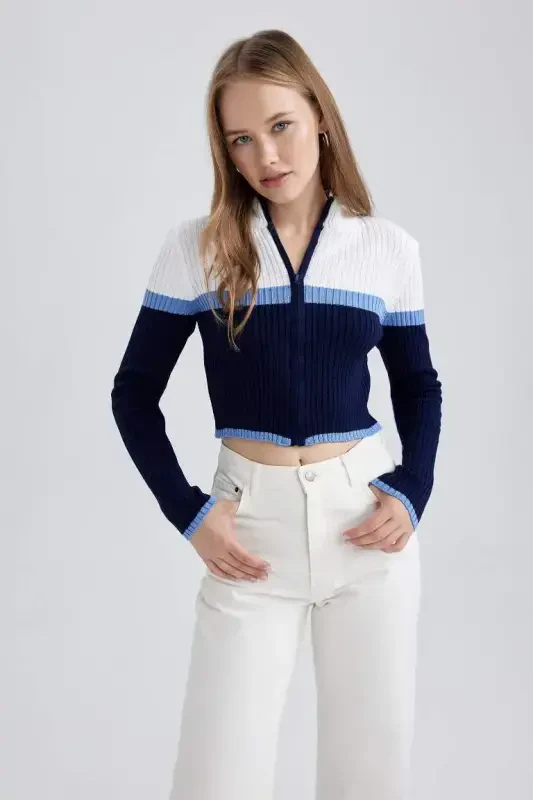 Coool Regular Fit Полушерстяной Кардиган с Воротником-стойкой-темно-синий - 3