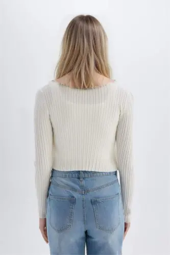 Coool Regular Fit Crop Düğmeli V Yaka Triko Hırka-Ekru - 4