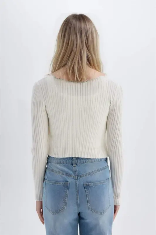 Coool Regular Fit Crop Düğmeli V Yaka Triko Hırka-Ekru - 4