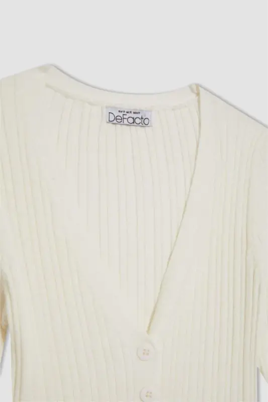 Coool Regular Fit Crop Düğmeli V Yaka Triko Hırka-Ekru - 5