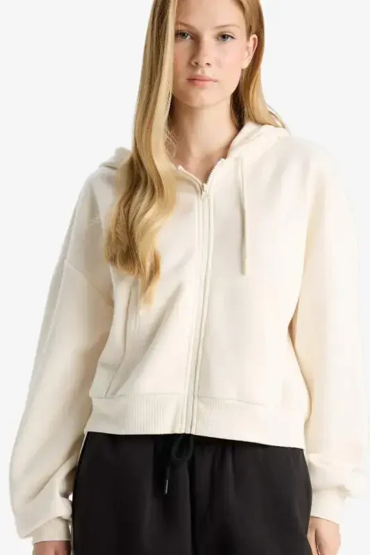 Coool Standard Fit Hooded Zippered Sweatshirt Dirty White - 3