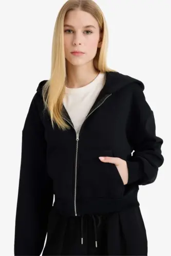 Coool Standart Fit Kapüşonlu Basic Düz Kanguru Cepli Fermuarlı Sweatshirt-Siyah - 1