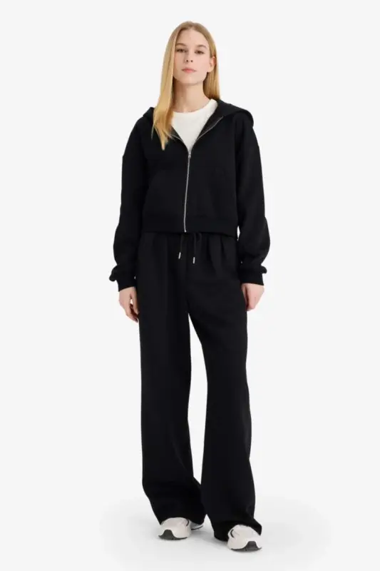 Coool Standart Fit Kapüşonlu Basic Düz Kanguru Cepli Fermuarlı Sweatshirt-Siyah - 2