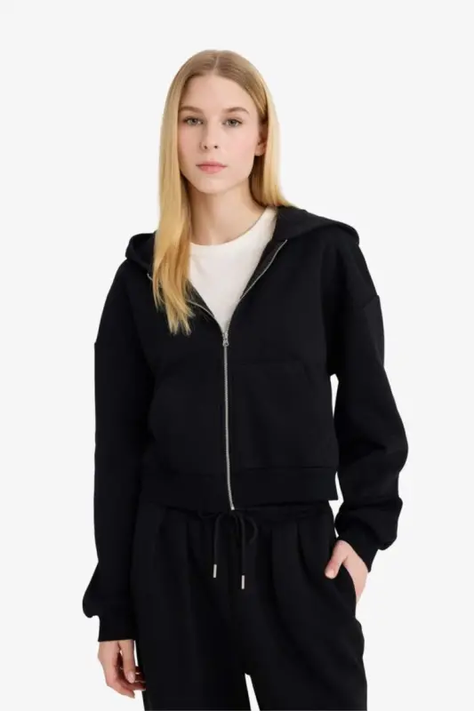 Coool Standart Fit Kapüşonlu Basic Düz Kanguru Cepli Fermuarlı Sweatshirt-Siyah - 3
