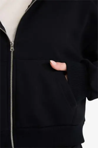 Coool Standart Fit Kapüşonlu Basic Düz Kanguru Cepli Fermuarlı Sweatshirt-Siyah - 4