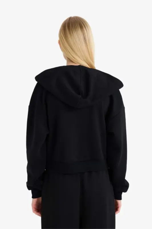 Coool Standart Fit Kapüşonlu Basic Düz Kanguru Cepli Fermuarlı Sweatshirt-Siyah - 5
