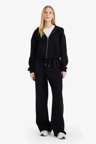 Coool Standart Fit Kapüşonlu Basic Düz Kanguru Cepli Fermuarlı Sweatshirt-Siyah - DEFACTO (1)