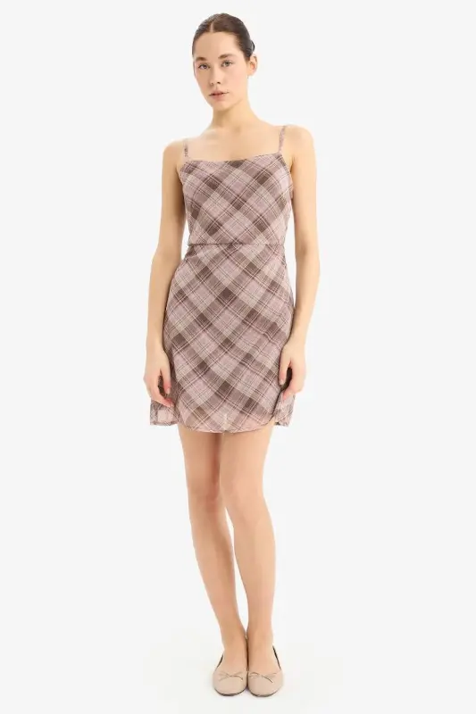 Coool Strappy Checkered Chiffon Strappy Mini Dress-Rose - 1