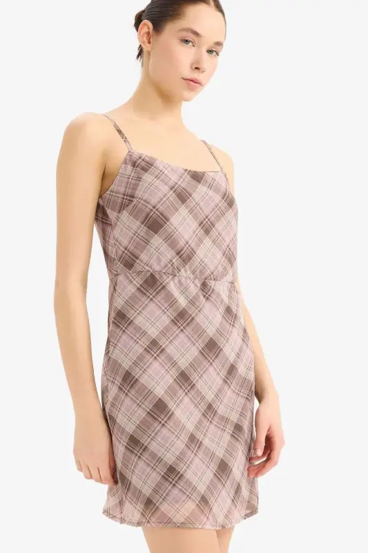 Coool Strappy Checkered Chiffon Strappy Mini Dress-Rose - 3