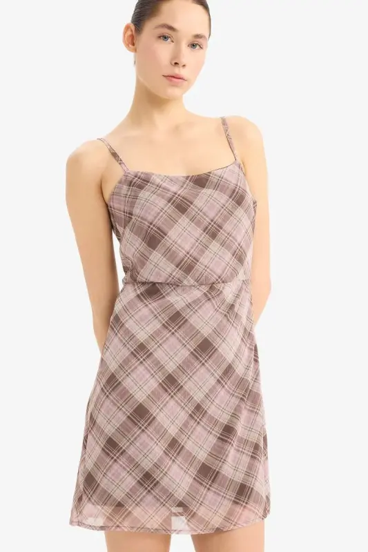 Coool Strappy Checkered Chiffon Strappy Mini Dress-Rose - 4