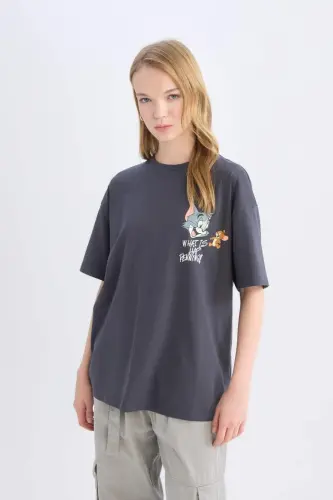 Coool Tom & Jerry Oversize Geniş Kalıp Bisiklet Yaka Sırt Baskılı Kısa Kollu Tişört-Antrasit - 5