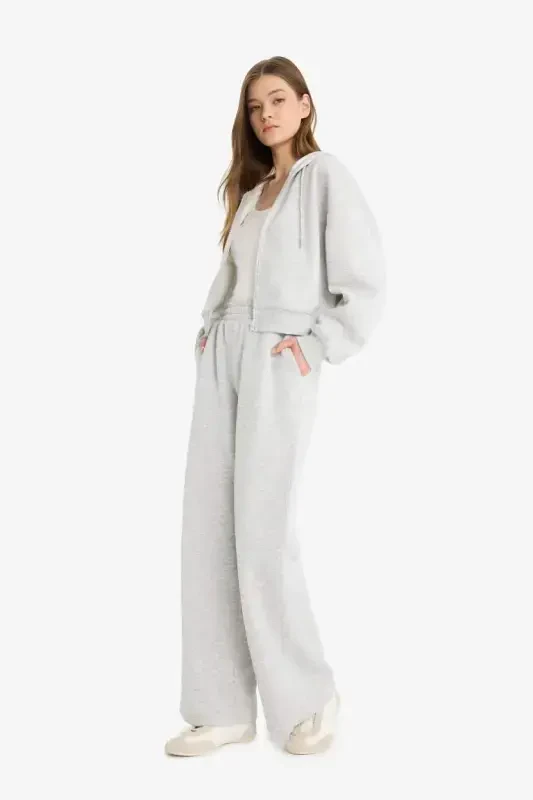 Wide Leg Eşofman Altı Beli Lastikli Geniş Bol Paça-Gri Melanj - 3