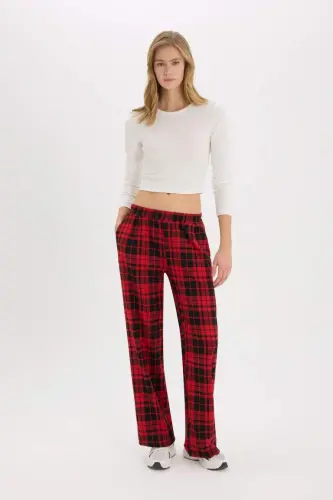 Coool Wide Leg Клетчатые Тканевые Пижамные Штаны Широкие Мешковатые Брюки Карманы на Талии Эластичная Нормальная Талия-Красный - 2