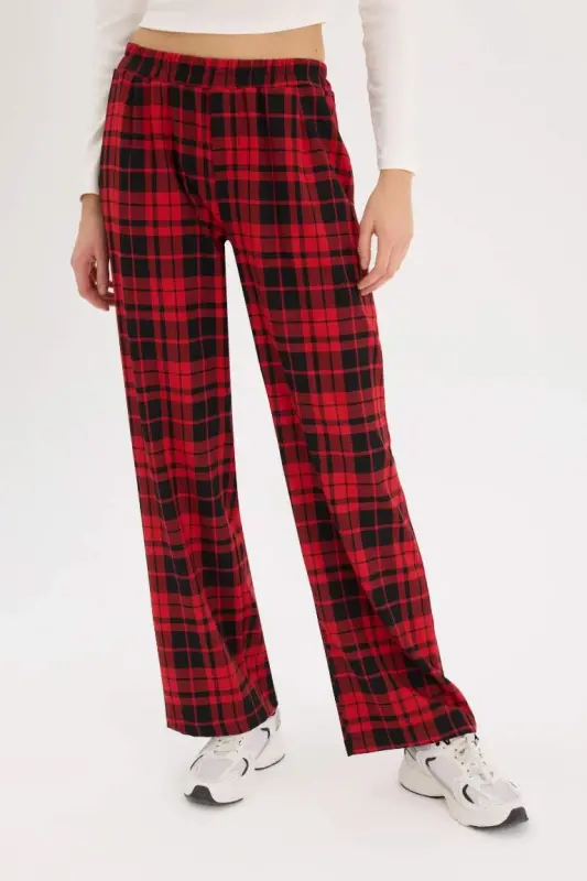 Coool Wide Leg Plaid Fabric Pajama Pants Wide Loose Fit Elastic Waist Normal Waist with Pockets-Red - 3