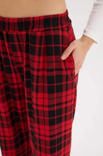 Coool Wide Leg Plaid Fabric Pajama Pants Wide Loose Fit Elastic Waist Normal Waist with Pockets-Red - 4