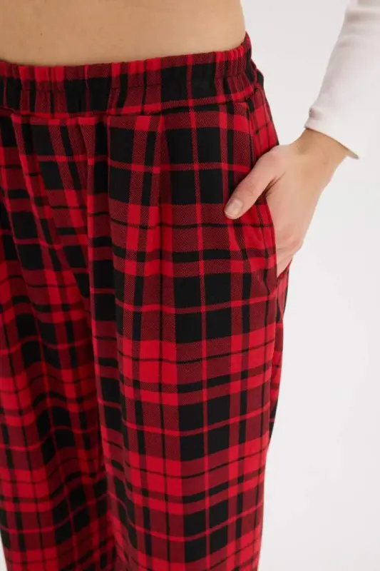 Coool Wide Leg Plaid Fabric Pajama Pants Wide Loose Fit Elastic Waist Normal Waist with Pockets-Red - 4