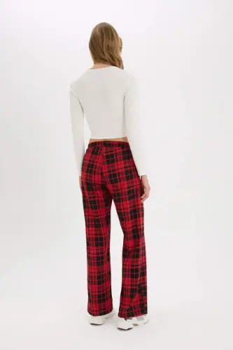 Coool Wide Leg Plaid Fabric Pajama Pants Wide Loose Fit Elastic Waist Normal Waist with Pockets-Red - 5