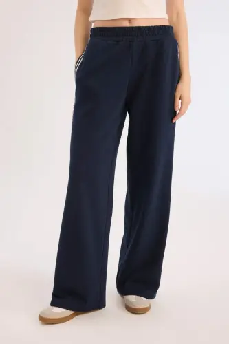 Coool Wide Leg Sweatpants Basic Plain Elastic Waistband Wide Baggy - Navy Blue - 5