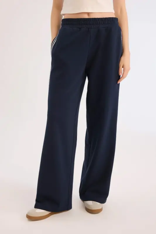 Coool Wide Leg Sweatpants Basic Plain Elastic Waistband Wide Baggy - Navy Blue - 5