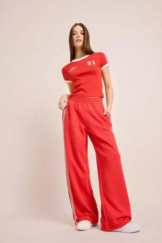 Coool Wide Leg Eşofman Altı Basic Düz Beli Lastikli Geniş Bol Paça-Kırmızı - 2