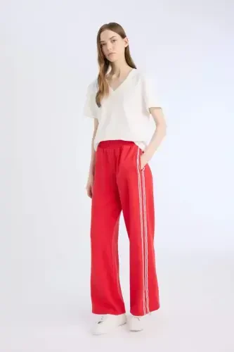 Coool Wide Leg Eşofman Altı Basic Düz Beli Lastikli Geniş Bol Paça-Kırmızı - 3