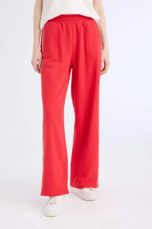 Coool Wide Leg Eşofman Altı Basic Düz Beli Lastikli Geniş Bol Paça-Kırmızı - 6