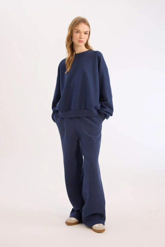 Coool Wide Leg Sweatpants Elastic Waistband Wide Loose Leg-Navy Blue - DEFACTO