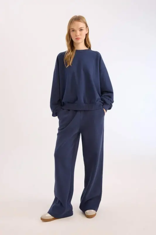 Coool Wide Leg Sweatpants Elastic Waistband Wide Loose Leg-Navy Blue - 2