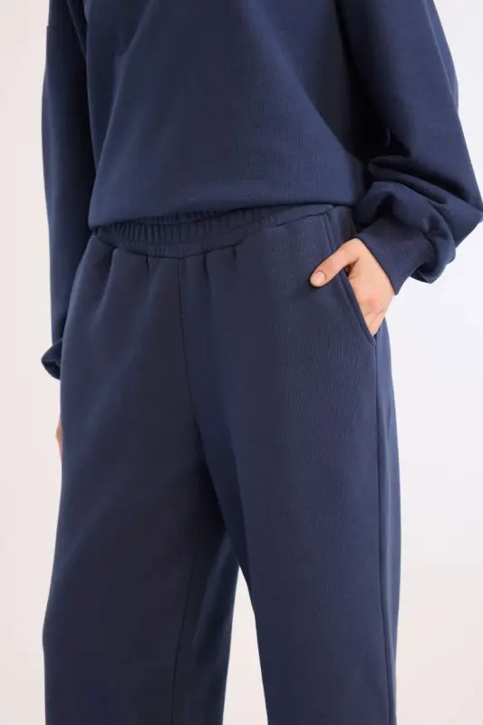 Coool Wide Leg Sweatpants Elastic Waistband Wide Loose Leg-Navy Blue - 4