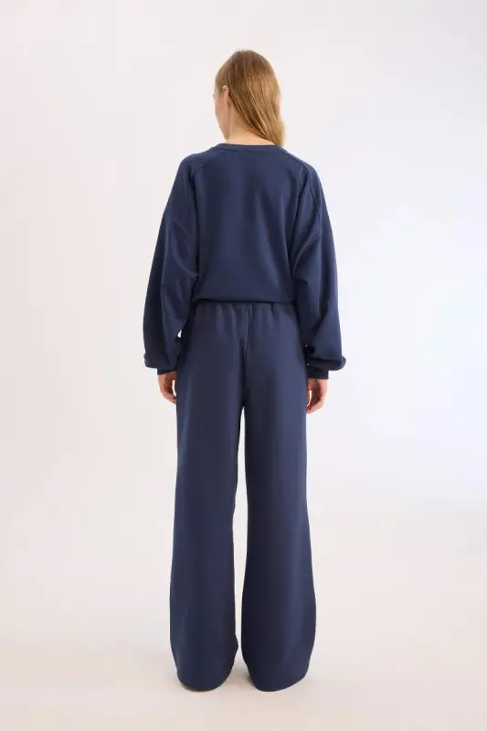 Coool Wide Leg Sweatpants Elastic Waistband Wide Loose Leg-Navy Blue - 5