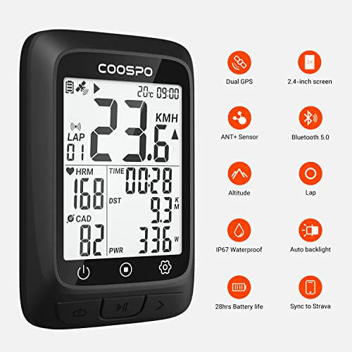 COOSPO Bike Computer GPS Wireless, ANT+ Cycling Computer GPS with Bluetooth, Multifunctional ANT+ Bicycle Computer GPS with 2.4 LCD Screen, Bike Speedometer with Auto Backlight IP67 - 2