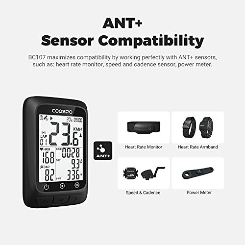 COOSPO Bike Computer GPS Wireless, ANT+ Cycling Computer GPS with Bluetooth, Multifunctional ANT+ Bicycle Computer GPS with 2.4 LCD Screen, Bike Speedometer with Auto Backlight IP67 - 4