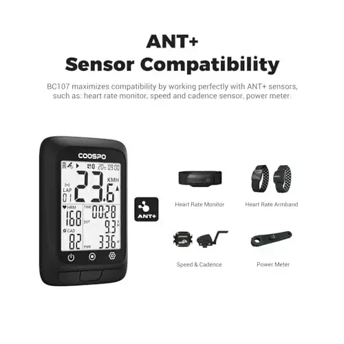 COOSPO Bike Computer GPS Wireless, ANT+ Cycling Computer GPS with Bluetooth, Multifunctional ANT+ Bicycle Computer GPS with 2.4 LCD Screen, Bike Speedometer with Auto Backlight IP67 - 3