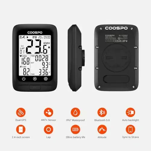 COOSPO Bike Computer GPS Wireless, ANT+ Cycling Computer GPS with Bluetooth, Multifunctional ANT+ Bicycle Computer GPS with 2.4 LCD Screen, Bike Speedometer with Auto Backlight IP67 