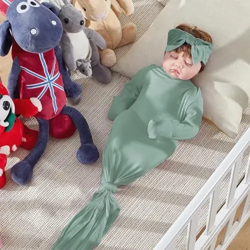 COOZYNANA 2Pack Newborn Baby Knotted Gown, Super Soft Modal Infant Long Sleeve Sleeper with Hat and Headband Set - 5