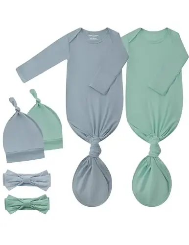 COOZYNANA 2Pack Newborn Baby Knotted Gown, Super Soft Modal Infant Long Sleeve Sleeper with Hat and Headband Set - 1
