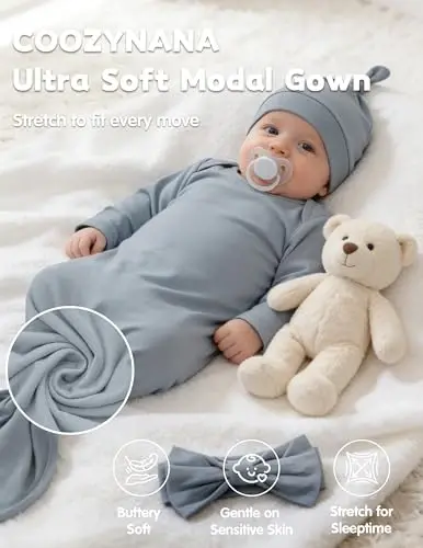 COOZYNANA 2Pack Newborn Baby Knotted Gown, Super Soft Modal Infant Long Sleeve Sleeper with Hat and Headband Set - 4