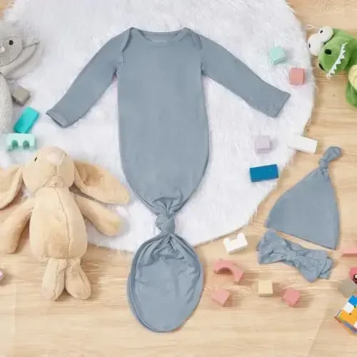 COOZYNANA 2Pack Newborn Baby Knotted Gown, Super Soft Modal Infant Long Sleeve Sleeper with Hat and Headband Set - 6