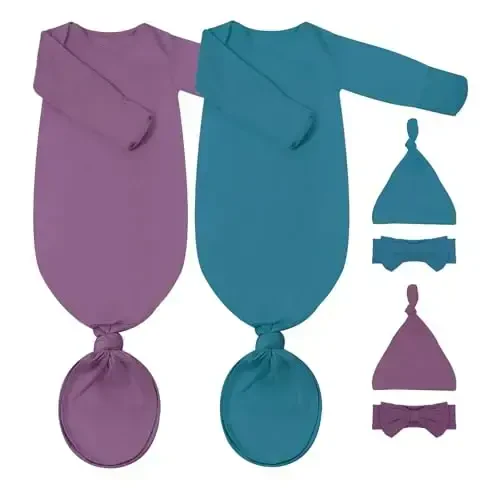 COOZYNANA 2Pack Newborn Baby Knotted Gown, Super Soft Modal Infant Long Sleeve Sleeper with Hat and Headband Set 