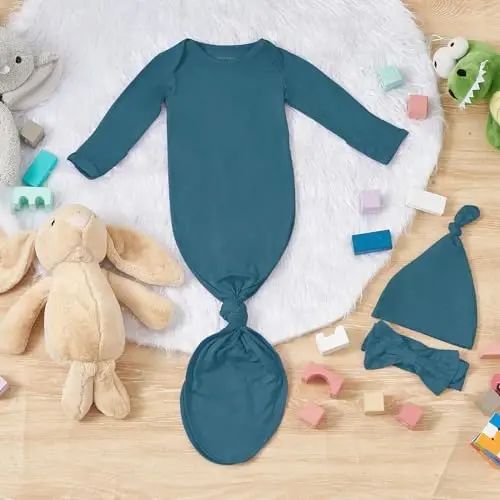 COOZYNANA 2Pack Newborn Baby Knotted Gown, Super Soft Modal Infant Long Sleeve Sleeper with Hat and Headband Set - 5