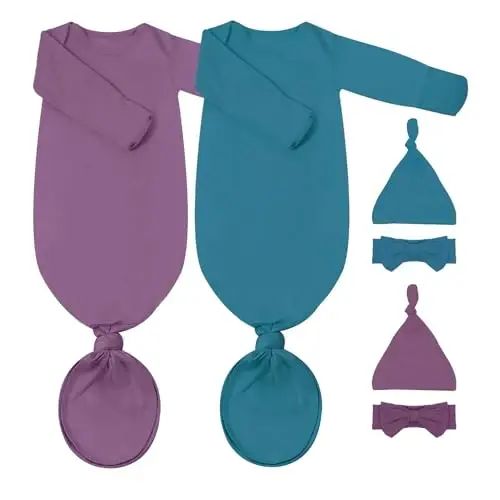 COOZYNANA 2Pack Newborn Baby Knotted Gown, Super Soft Modal Infant Long Sleeve Sleeper with Hat and Headband Set - 1