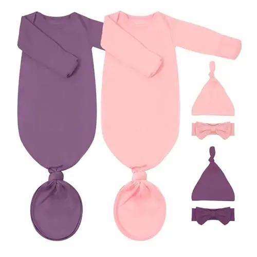 COOZYNANA 2Pack Newborn Baby Knotted Gown, Super Soft Modal Infant Long Sleeve Sleeper with Hat and Headband Set 