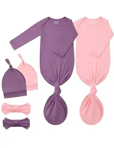 COOZYNANA 2Pack Newborn Baby Knotted Gown, Super Soft Modal Infant Long Sleeve Sleeper with Hat and Headband Set - COOZYNANA