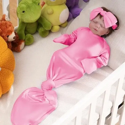 COOZYNANA 2Pack Newborn Baby Knotted Gown, Super Soft Modal Infant Long Sleeve Sleeper with Hat and Headband Set - 6