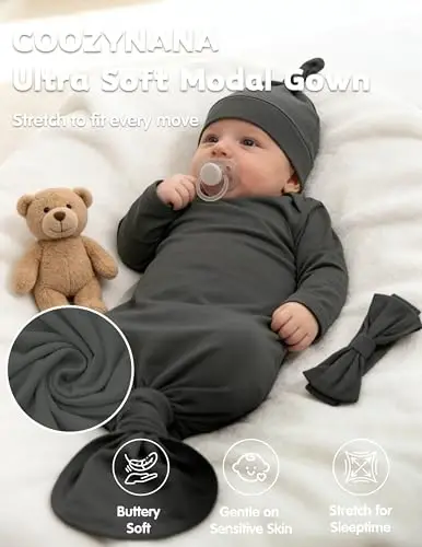 COOZYNANA 2Pack Newborn Baby Knotted Gown, Super Soft Modal Infant Long Sleeve Sleeper with Hat and Headband Set - 4