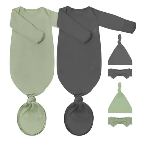 COOZYNANA 2Pack Newborn Baby Knotted Gown, Super Soft Modal Infant Long Sleeve Sleeper with Hat and Headband Set - 1