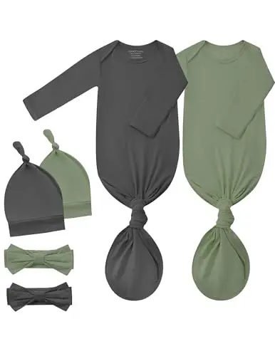 COOZYNANA 2Pack Newborn Baby Knotted Gown, Super Soft Modal Infant Long Sleeve Sleeper with Hat and Headband Set - COOZYNANA