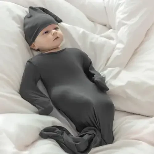 COOZYNANA 2Pack Newborn Baby Knotted Gown, Super Soft Modal Infant Long Sleeve Sleeper with Hat and Headband Set - 5